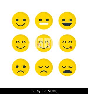 Set viso giallo Emoji. Concetto per la carta o banner sorridente del World Smile Day. Icone emoticon illustrazione vettoriale. Illustrazione Vettoriale