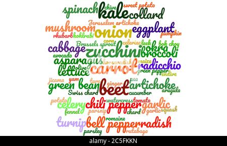 Nuvola di parole colorate con tipografia che si riferisce alle verdure, concetto di 'mangiare l'arcobaleno', alimentazione sana, vegetariano, crudo, dieta vegana, raccolta autunno Foto Stock