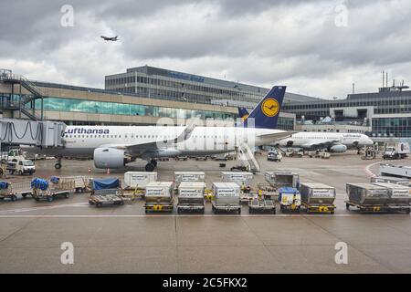 FRANCOFORTE AM MAIN, GERMANIA - CIRCA GENNAIO 2020: Airbus A320neo gestito da Lufthansa come visto al piazzale dell'aeroporto di Francoforte sul meno. Foto Stock