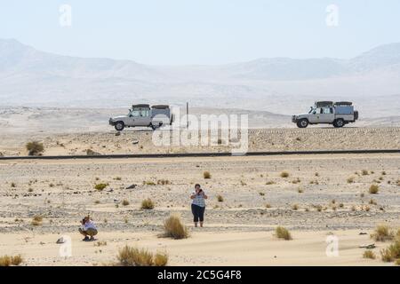 Donne che scattano fotografie nel deserto, Grasplatz, Namibia Foto Stock