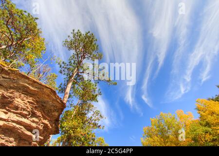 Paesaggio della foresta autunnale al Porcupine Mountains Wilderness state Park nella penisola superiore del Michigan durante i colori dell'autunno. Foto Stock