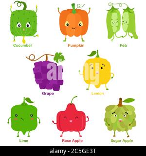 Carino vettore di smiling frutta a forma quadrata, verdura con volto felice - Cetriolo Pea Pumpkin uva Limone Lime Rose Apple zucchero Apple. Set colorato di Illustrazione Vettoriale