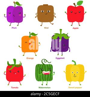 Carino vettore di frutta sorridente quadrata, verdura con volto felice - prugna Kiwi mela arancia pomodoro anguria peperone dolce Eggplant. Set colorato Illustrazione Vettoriale