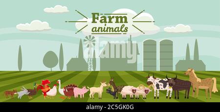 Animali da fattoria e uccelli ambientato in stile trendy e carino, tra cui cavallo, mucca, asino, pecora, capra, maiale, coniglio, anatra, oca, tacchino, gallo, montone, cane, gatto Illustrazione Vettoriale