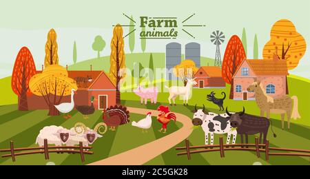 Animali da fattoria e uccelli ambientato in stile trendy e carino, tra cui cavallo, mucca, asino, pecora, capra, maiale, coniglio, anatra, oca, tacchino, gallo, montone, cane, gatto Illustrazione Vettoriale