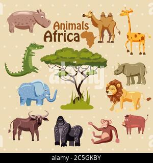 Set di carini adesivi animali africani, stile cartoon, isolato, vettore, illustrazione Illustrazione Vettoriale