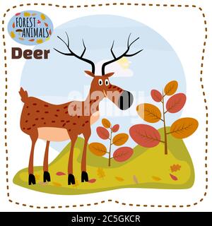 Carino capriolo fumetto sullo sfondo paesaggio illustrazione foresta, vettore, isolato Illustrazione Vettoriale