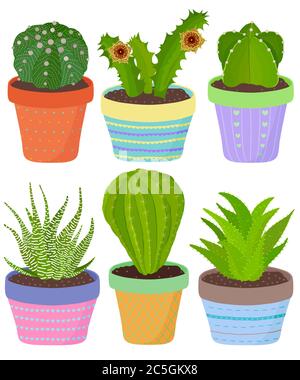 Insieme vettoriale di cactus cactus aloe piante succulente in vaso. Collezione di piante esotiche disegnate a mano in stile piatto. Simpatica illustrazione isolata su bianco. Illustrazione Vettoriale
