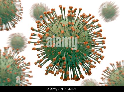 rappresentazione 3d di un insieme di modelli di coronavirus da diverse angolazioni con profondità di campo su sfondo bianco Foto Stock