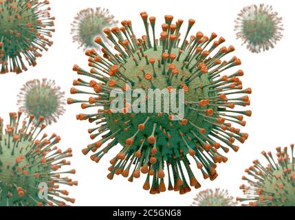 rappresentazione 3d di un insieme di modelli di coronavirus da diverse angolazioni con profondità di campo su sfondo bianco Foto Stock