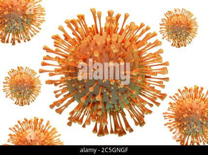 rappresentazione 3d di un insieme di modelli di coronavirus da angolazioni diverse su sfondo bianco Foto Stock