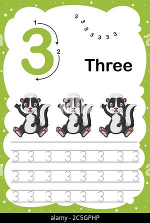 Colorato numero tre quotidiano traccia A4 foglio di lavoro stampabile pratica con carino cartoon animali per bambini imparare a contare e scrivere - Vector Illupr Illustrazione Vettoriale