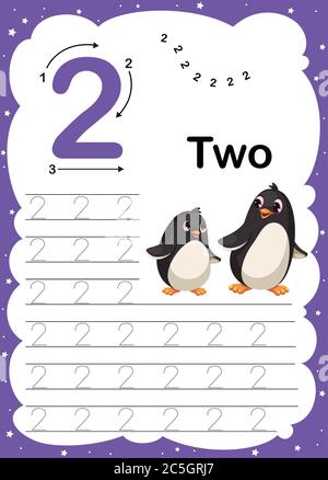 Colorful numero due quotidiano traccia A4 foglio di lavoro stampabile pratica con carino cartoon animali per bambini imparare a contare e scrivere - Vector Illustrat Illustrazione Vettoriale
