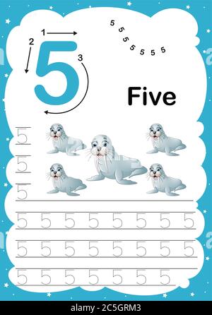 Colorato numero cinque quotidiano traccia A4 foglio di lavoro stampabile pratica con carino cartoon animali per bambini imparare a contare e scrivere - Vector illustrazione Illustrazione Vettoriale