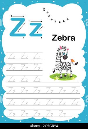 Colorato numero zero giornaliero traccia A4 foglio di lavoro stampabile pratica con carino cartoon animali per bambini imparare a contare e scrivere - Vector illustrazione Illustrazione Vettoriale