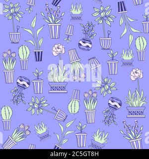 Modello. Motivo senza cuciture di piante sparse in pentole su sfondo blu. Fiori, tulipani, cactus, rosa e piantine in vasi geometrici. Il Illustrazione Vettoriale