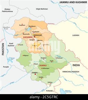 Mappa amministrativa vettoriale della regione indiana di Jammu e Kashmir Illustrazione Vettoriale