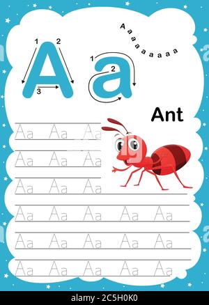 Lettera colorata alfabeto maiuscolo e minuscolo A-Z, traccia e scrittura foglio di lavoro A4 stampabile quotidiano con carino cartoon animali - vettore i Illustrazione Vettoriale