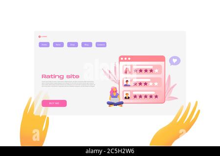 Icona cartoon piatto con modello di landing page aziendale del sito di rating per il concept design con caratteri. Pink viola con le mani metafora grafica con CRM, finestre, stelle, fiori Illustrazione Vettoriale