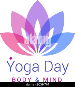 Fiori di loto a cinque petali colorati come simbolo dello yoga. Testo campione - giorno di yoga, corpo e mente. Illustrazione vettoriale per eventi yoga, scuola, club, web. Illustrazione Vettoriale