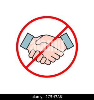 Nessuna icona di colore handshake. Nuova normalità sul posto di lavoro. Nessun affare o affari corrotti. Evitare di toccare le mani e il contatto fisico. Prevenzione del virus corona Illustrazione Vettoriale