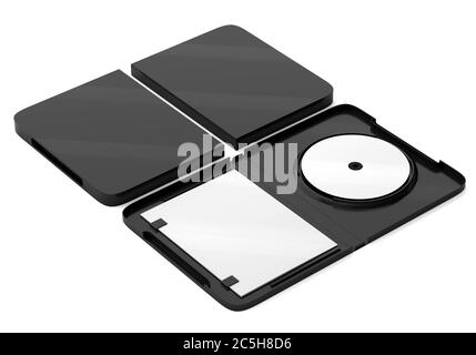 rendering 3d di un cd dvd compact disc in plastica scatola mockup su sfondo bianco. Vista prospettica. Foto Stock