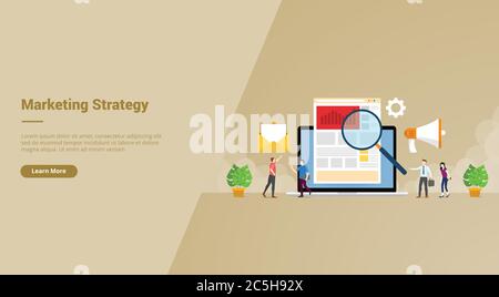 strategia di arketing persone di affari ricerca dati di mercato pubblicizzare campagna di promozione marchio per il sito web home page landing modello banner con Illustrazione Vettoriale