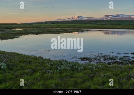 Notte estiva sul lago Lagarfljot in Islanda orientale Foto Stock