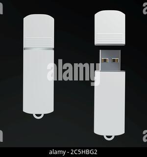 Rappresentazione 3d di un'immagine di un flash drive su sfondo nero.Vista dall'alto. Foto Stock