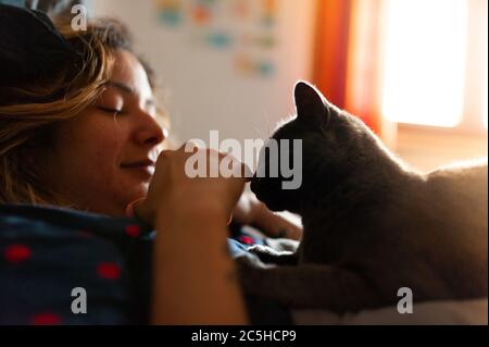 giovane donna che si rilassa a letto con il suo gatto, una pigra e accogliente scena domenica mattina, dando l'amore al suo compagno sorridente Foto Stock