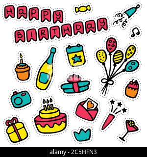 Confezione di adesivi. Compleanno, festa, matrimonio. Icone disegnate a mano. Vettore Illustrazione Vettoriale