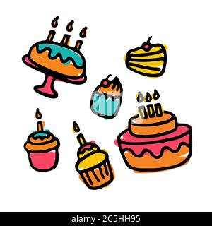 Icone di dolci disegnate a mano. Torta, torta, cupcake. Vettore Illustrazione Vettoriale