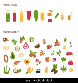 Set di ingredienti cosmetici biologici per l'imballaggio dei prodotti. Icone di imballaggio disegnate a mano. Illustrazione vettoriale Illustrazione Vettoriale