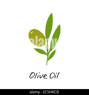 Olio d'oliva. Ingrediente cosmetico. Olio nutrizionale per la cura della pelle e la salute. Icona disegnata a mano di ulivo e scritta a mano. Illustrazione vettoriale. Illustrazione Vettoriale