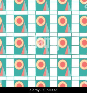 Geometrico Bauhaus vettore di stile sfondo senza cuciture pattern. Colorato sfondo piastrellato moderno in teal, rosso, giallo, bianco con cerchi, rettangoli Illustrazione Vettoriale