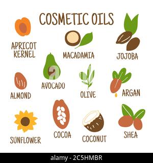 Oli cosmetici. Dadi da cui si sprizzano gli oli. Oli nutrienti per la bellezza della pelle. Icone vettoriali Illustrazione Vettoriale