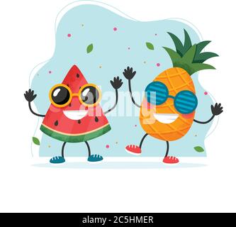 Simpatici ananas e cocomeri. Design estivo colorato. Illustrazione vettoriale in stile piatto Illustrazione Vettoriale