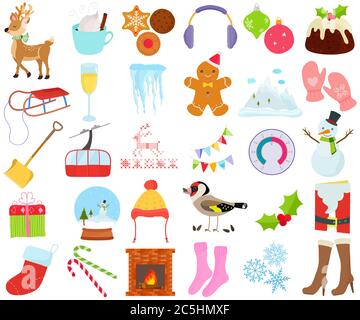 Vettore di stagione invernale set, Natale Capodanno decorazione tema di festa in disegno appartamento illustrazione. Insieme di simpatico coloratissimo icone collezione isolato Illustrazione Vettoriale