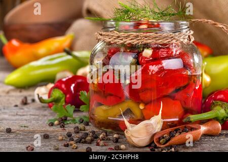 Peperoni biologici domestici pronti per la conservazione con spezie ed erbe su un rustico tavolo di legno. Foto Stock