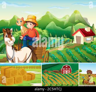 Insieme di diverse scene di fattoria con un'illustrazione di stile cartoon fattoria animale Illustrazione Vettoriale