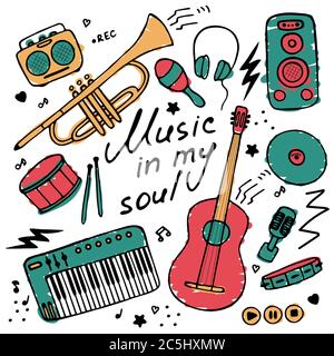 Raccolta di icone disegnate a mano. Tema musicale. Icone di strumenti musicali. Iscrizione scritta a mano Musica nella mia anima. Vettore Illustrazione Vettoriale
