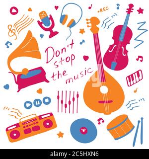 Raccolta di icone disegnate a mano. Tema musicale. Icone di strumenti musicali. Iscrizione scritta a mano non fermare la musica. Vettore Illustrazione Vettoriale