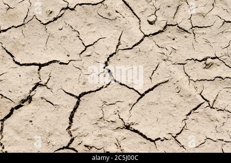 Terreno fangoso asciutto e incrinato a causa della temperatura calda, concetto di siccità, fango secco, vista ad angolo basso, campagna, Germania, Europa Foto Stock