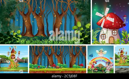 Sei diverse scene di mondo fantasy con foresta di notte e illustrazione casa di funghi Illustrazione Vettoriale