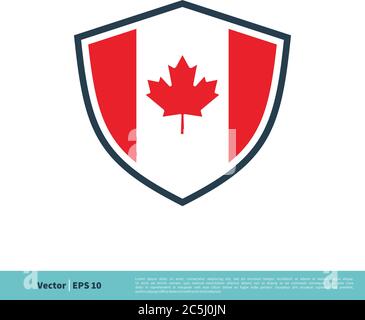Shield Canadian Flag Red Maple Leaf icona Vector Logo modello Illustrazione disegno. EPS vettoriale 10. Illustrazione Vettoriale