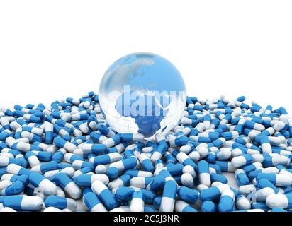 Pillole di medicina e mondo blu globo isolato su bianco Foto Stock