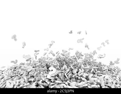 Simboli di punti interrogativi bianchi in caduta in un mucchio grande. Isolato su sfondo bianco. Illustrazione 3D Foto Stock