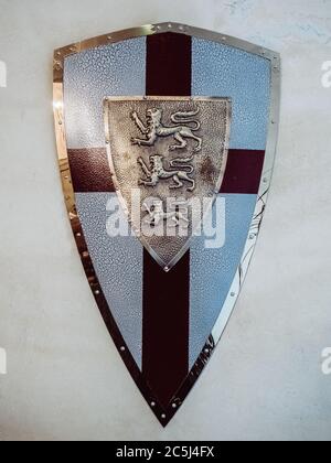 Russia, Sochi 14.03.2020. Uno scudo del cavaliere raffigurante una croce e leoni appesi sulla parete. Foto di primo piano Foto Stock
