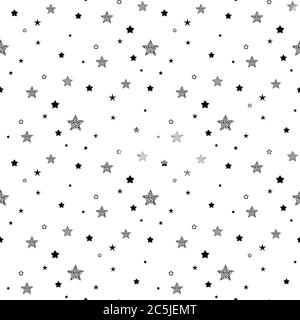 Motivo carino senza cuciture con stelle nere, punti e cerchi poco diversi su sfondo bianco. Illustrazione vettoriale. Fuochi d'artificio magici. Bright Stardust b Illustrazione Vettoriale