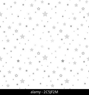 Motivo carino senza cuciture con stelle nere, punti e cerchi poco diversi su sfondo bianco. Illustrazione vettoriale. Fuochi d'artificio magici. Bright Stardust b Illustrazione Vettoriale